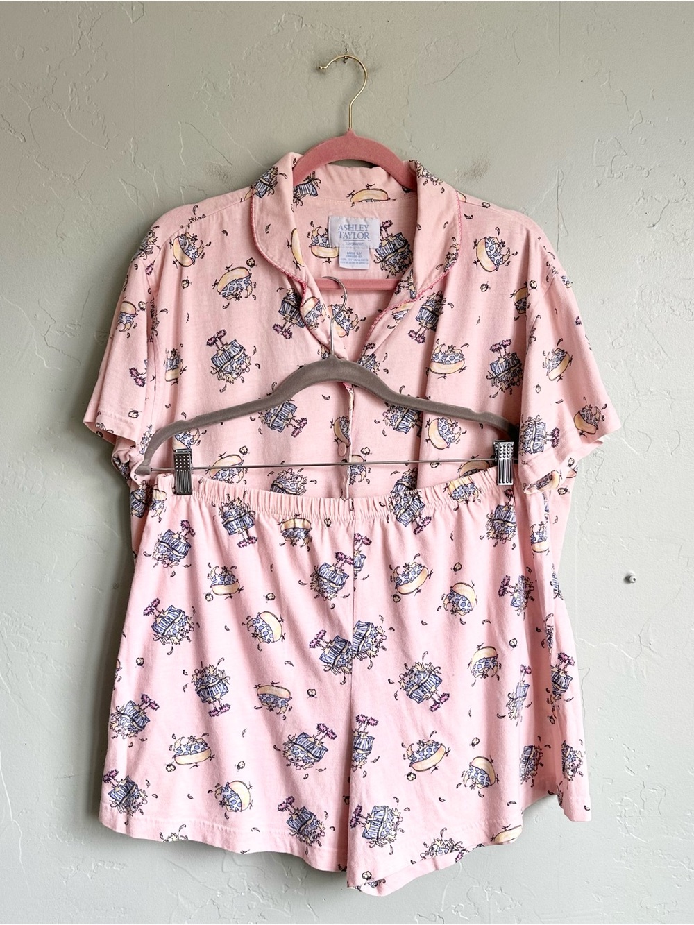 Vintage Ashley Taylor Pink Short-Sleeve Pajama Top Shorts Set Chicken Print LG